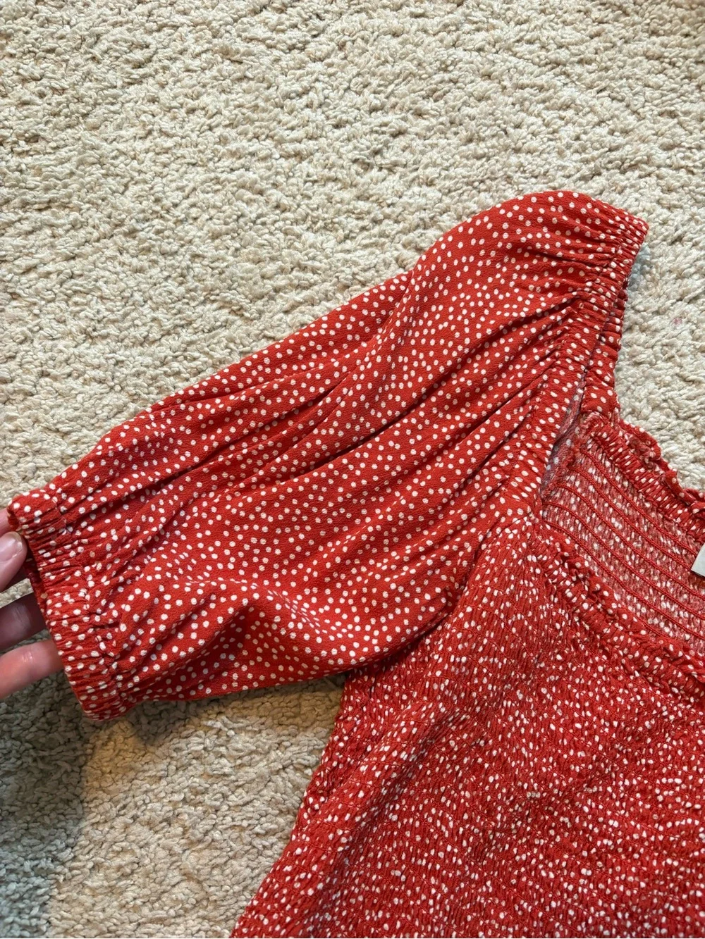 LOFT Red Smocked Square-Neck Top with Puff Sleeves